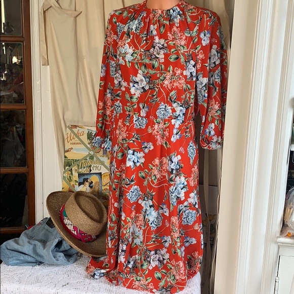 H&M Dresses Hm Red Floral Long Sleeve High Neck Dress Retro Look